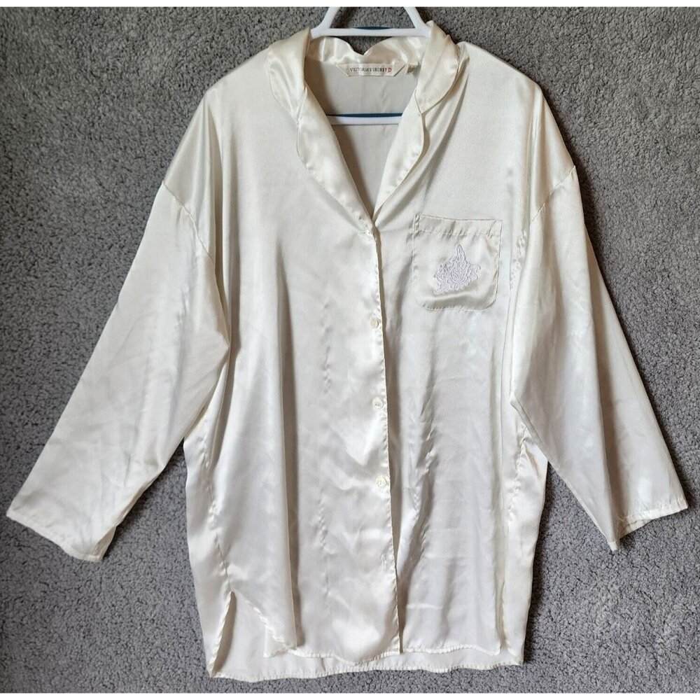 Vtg 90s Victoria's Secret Long Sleeve Button Up Satin Night Shirt White Size M